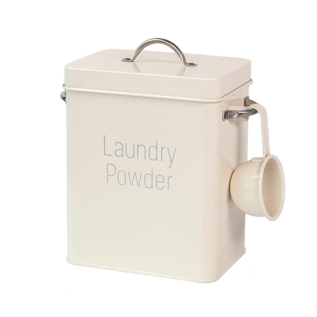 Grande contenitore di latta per bucato in polvere con cucchiaio, bianco