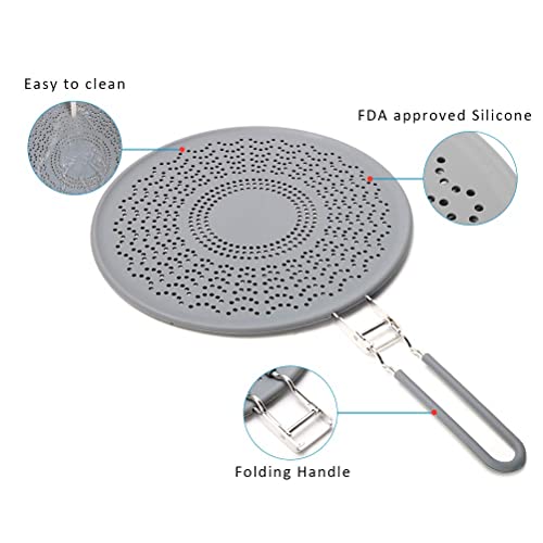 Marhjean 13" Silicone Splatter Screen - Pan Cover With Folding Handle, High Heat Resistant Oil Splash Guard - Heat Insulation Cooling Mat, Strainer, Drain Board For Frying Pan (13", Grey) #TOP1