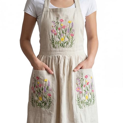 Berlune Christmas Linen Floral Embroidered Apron...