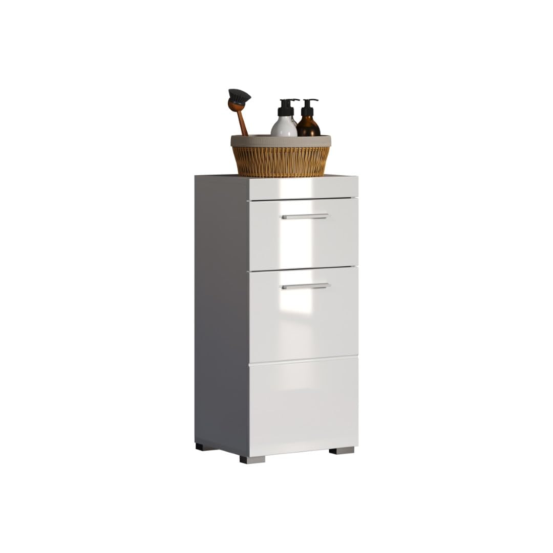 trendteam smart living - Amanda - Kommode - Weiß Hochglanz - Standschrank - (BxHxT) 37 x 79 x 31 cm - Badschrank mit 1 Tür und 1 Schublade - silberfarbene Griffe - universal einsetzbar - Kratzfest