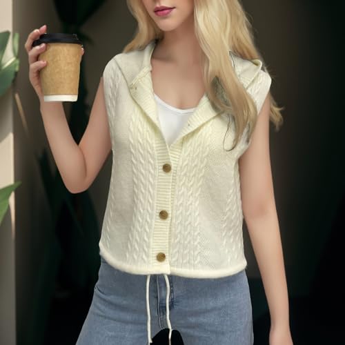Image of Velius Women Knit Button Down Drawstring Sweater Vest Crop Top with Hood