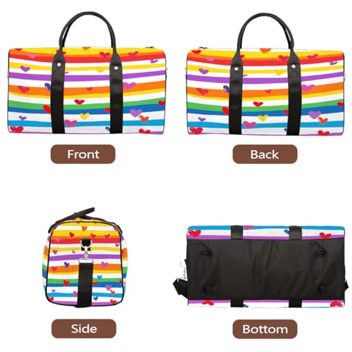 Rainbow Stripe Love Heart Travel Duffel Bag Sports Tote Gym Bag Waterproof Tear-Resistant Carry On Overnight Bag Foldable Weekender Bag for Gym Travel Getaway Beach Sports3