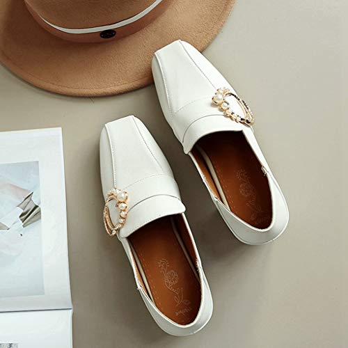 MIOKE Women's Pointed Toe Buckle Pump Loafers Slip-On Patent Leather Chunky Mid Heel Work Office Dress Shoes3