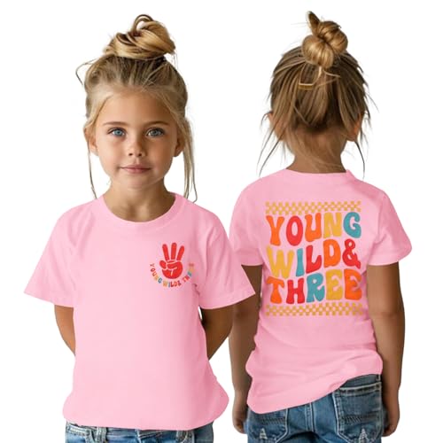 GLIGLITTR Young Wild and Three Shirt Toddler Girl Birthday Tshirt 3rd Birthday Outfits 3 Year Old Girls Third Bday Party Tops(3T Pink)