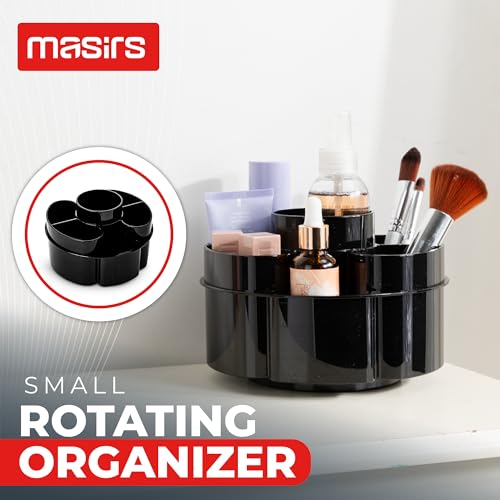 Image of Masirs Small 360 Rotating Makeup Organizer - Mini Yet Spacious Cosmetic Storage Solution with Multiple Compartments - The Perfect Spinning Make-Up Caddy for Vanity or Bathroom Counter (Round - Black)