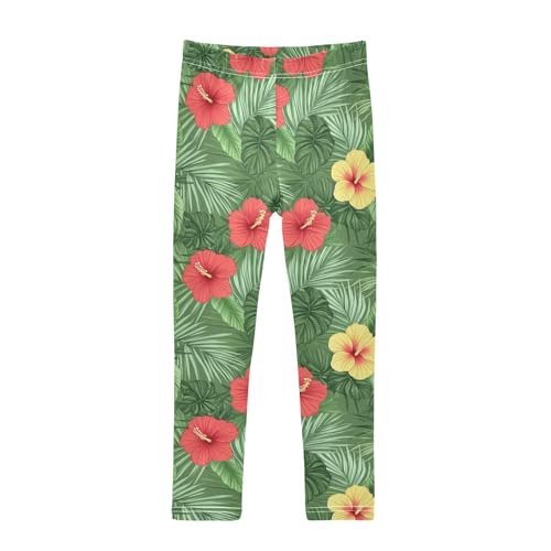 Red Yellow Hibiscus Palm Leaf Girls Casual Leggings for Kids Printed Long Pant Bottoms Stretch and Soft