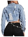 GORGLITTER Women's Ripped Raw Hem Cropped Denim Jacket Long Sleeve Distressed Frayed Jean Jackets Blue Light Wash Medium