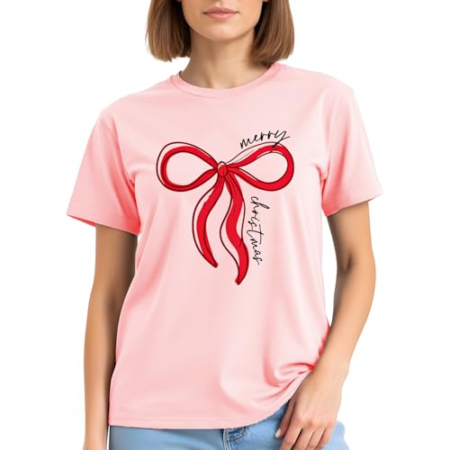 Image of Merry Christmas Shirts for Women - Xmas Bow Short Sleeve Festive Holiday Pink Ribbon Tee Tops