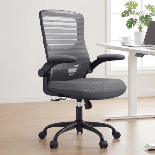 Image of Office Desk Chair for Long Hours & Back Pain Relief - 4 inch Thick Molded Foam Cushion, Enhanced Lumbar Support, Padded Flip-up Armrests, Ideal for Office or Study, Dark Gray