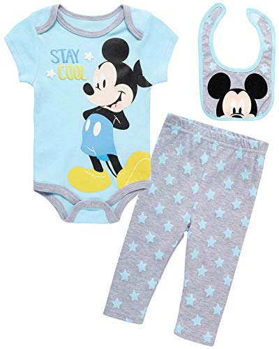 Disney Baby Boys' 3 Piece Bodysuit Layette Set: Mickey, Pooh, Lion King, Toy Story (Newborn) (Newborn), Size 6-9 Months, Mickey Grey/Blue Star
