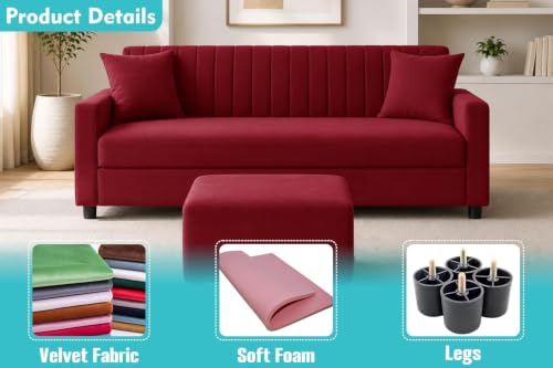 Image of Urban Decor 3 Seater Wooden Sofa Set with Matching Ottoman, Modern Channel Tufted Velvet Fabric Couch for Living Room-Red