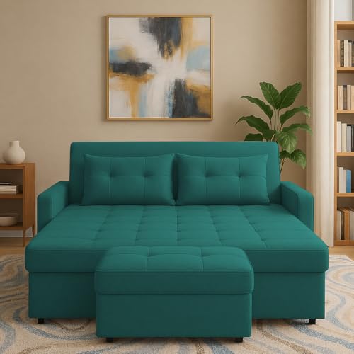 Image of Emilio 2-Seater Sofa Cum Bed for Living Room, Office & Home with Center Table | Premium Fabric Pull-Out Sofa Set with 1 Year Warranty | Space Saving Convertible Sleeper Sofa | Pine Colour