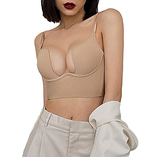 Wesaloes Sujetador Mujer Push-up Escote Profundo V Multiposición sin Espalda con Relleno Espalda Descubierta Sujetador Push Up Profundo Cuello en U Sujetador de Espalda Mujer (Beige, M)