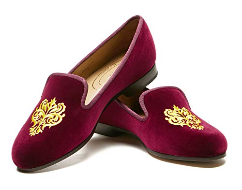 Image of Journey West Women's Velvet Loafer Flat with Embroidery Smoking Slippers Slip on Shoes for Women Vine Burgundy US 8
