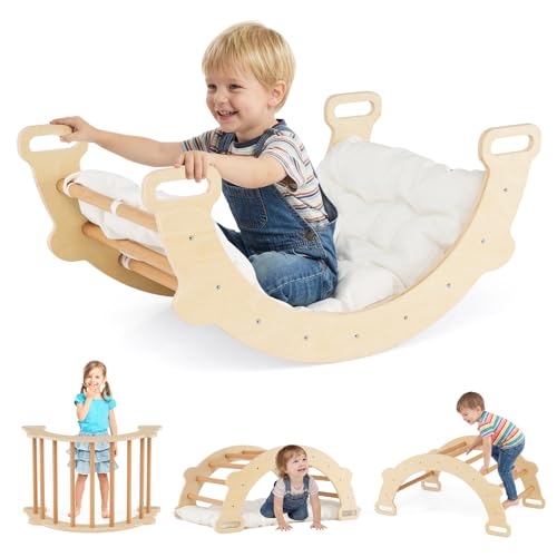 Arche Montessori bois enfant avec coussin et cheval à bascule d'éveil