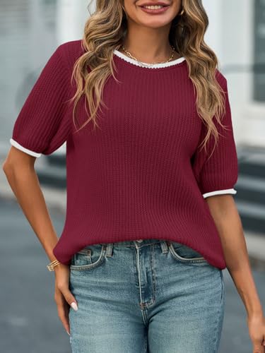 Image of Saodimallsu Womens Puff Short Sleeve Sweater Tops Spring Summer Color Block Ribbed Knit Crew Neck Going Out Shirts