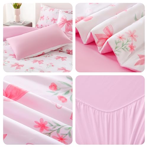 Image of DORCAS Bow Comforter Set Full Bed in A Bag for Girls,6 Pieces Pink Bow Bedding Sets with Sheets for Kids