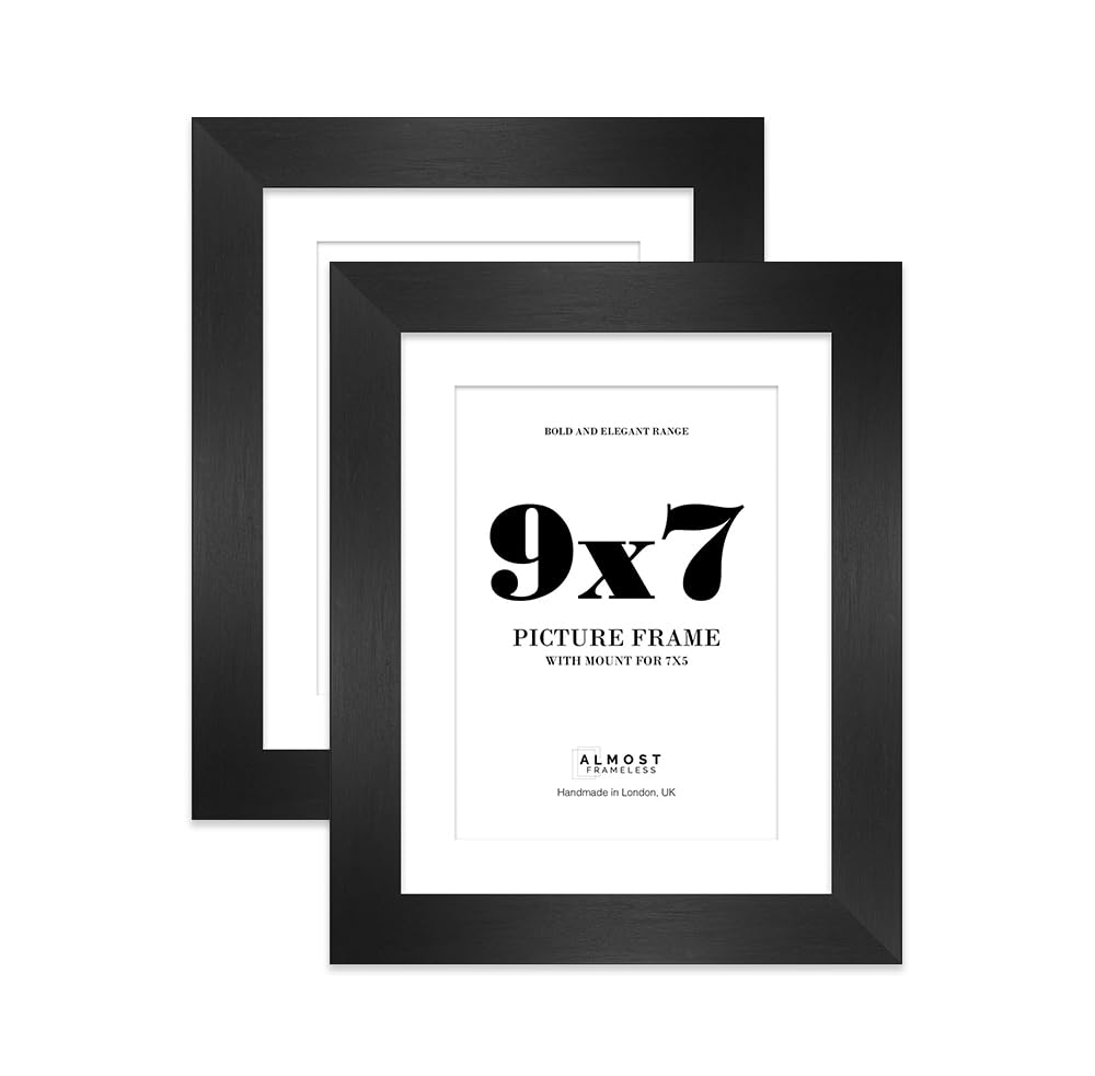 9x7 Black Frame With Mount for 7x5 Pictures 28mm Edge Portrait and Landscape Display with Wall Hooks and Kickstand, 2 Pack