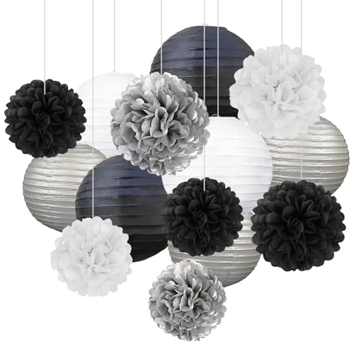 Image of 18 PCS Black White Silver Paper Lanterns & Tissue Paper Pom Poms for Men's Birthday, Graduation 2026, Wedding, Hanging Paper Decor for Indoor Outdoor Events Theme Party Supplies