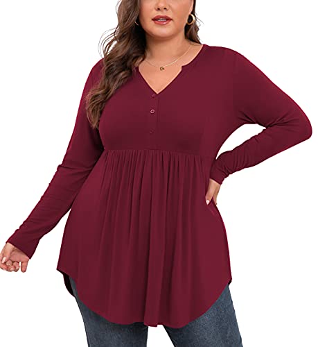 SHIJIALI Women's Plus Size Tops V Neck Henley Shirts Casual Long Sleeve Swing Flowy Blouse for Leggings Burgundy-X-Large — view 4