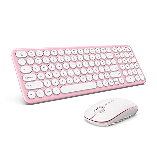 Wireless Keyboard and Mouse Combo, 2.4GHz Compact Full Size Ergonomic Keyboard Mouse Set with Round Keys for Windows, Laptop, PC, Desktop, Computer, Notebook -Rose Pink…