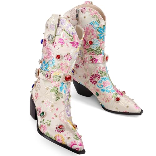 Image of LOCERICH Women Rhinestone Cowboy Sparkly Cowgirl Boots Diamond Western Floral Embroidery Mid Calf Booties