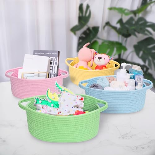 Image of ABenkle Small Basket with Handles, Boho Decorative Rope Woven Dog Cat Toy Storage Bin Shelf Storage Organizer, Easter Christmas Gift Basket, 12 inchx8 inchx5 inch