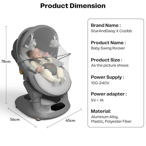 Image of StarAndDaisy baby rockers for 0 to 2 years, Baby Multi functional rocker / rocking chair for babies Infants & Toddler with 5-level Automatic Swing & Cradle / Bouncer with touch panel & hanging toys - Grey