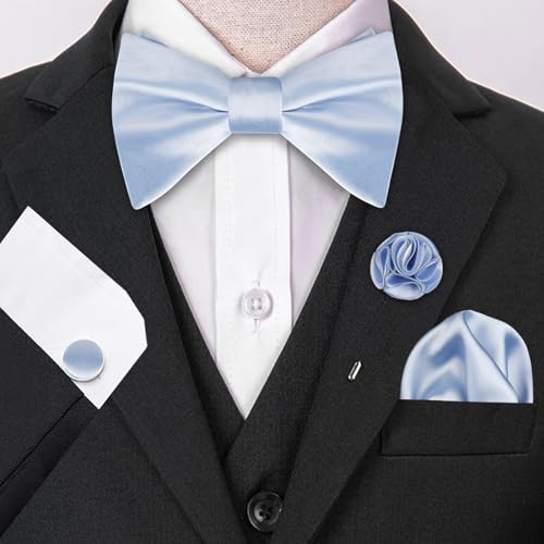 Image of Alizeal Mens 4pcs Formal Solid Bow Tie Set | Pre-tied Pocket Square Cufflinks Boutonniere for Wedding Everyday Use