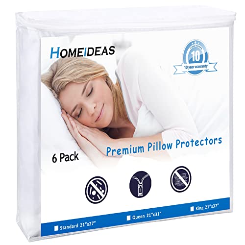 HOMEIDEAS 6-Pack Pillow Protectors with Zipper Standard Size - Waterproof Pillow Protectors & Pillow Encasement with Soft Polyester Fabric