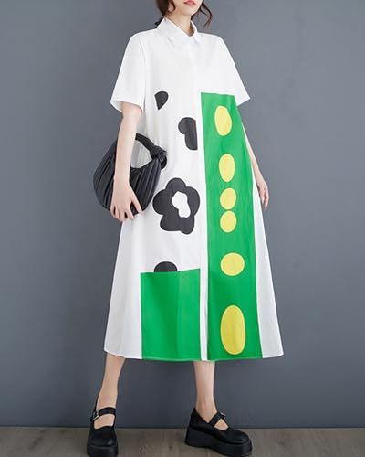 Image of ellazhu Women's Dress Loose Color Block Short Sleeve Button Down Mock Neck Shirt Dots Flower GZ211