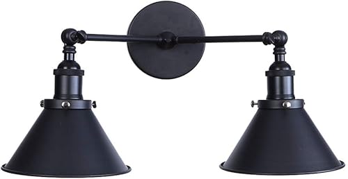 ATC Lámpara de pared negra con brazo de 2 luces, pantalla ajustable en forma de embudo, lámpara de pared vintage E27, luminaria industrial retro