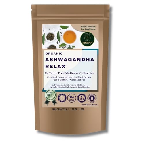 Krihan Organic Ashwagandha Tea - 25 Count Loose Leaf Herbal Tea | 10 Super Herbs | Stress Relief & Better Sleep Health & Wellbeing Rich Antioxidants, Caffeine-Free, Packed Ecofriendly Bags 50g