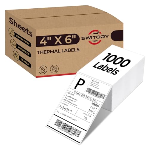 Switory White Thermal Labels,1000 Fanfold Thermal Printer Labels with Perforated and Strong Adhesive Mailing Stickers Paper Thermal Printer Sticker Compatible with Amazon, Royal Mail, FedEx (4x6 inch)