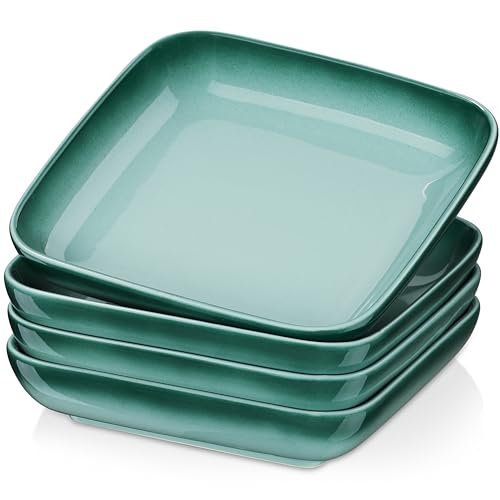 LOVECASA Set of 4 Stoneware Soup Plates, Square Pasta Plate, 950 ML / 32 OZ, Gradient Dark Green