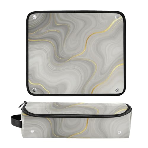 Estuche de viaje 2 en 1 para planchas y rizadores con almohadilla resistente al calor, portátil para herramientas calientes, moldeador de cabello, esencial de viaje blanco gris con vetas doradas miniatura 3