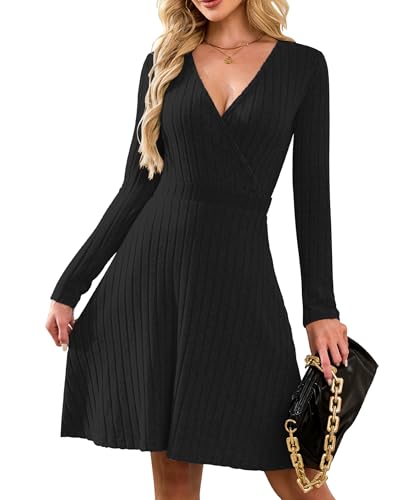 AUSELILY Strickkleid Damen Herbst Leichte Langarm V-Ausschnitt Winterkleid A Linie Elegant Herbstkleid Knielang Kleid Midi Pulloverkleid Tunikakleid...