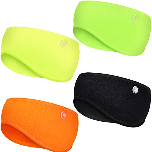 4 Pieces Button Ponytail Headband Ear Warmer Headband Winter Headband Fleece Headband for Men Women Outdoor Sports (Black, Fluorescent Yellow, Fluorescent Green, Fluorescent Orange)