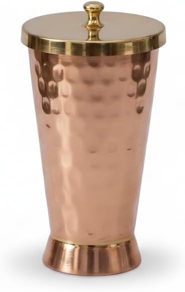 Copper Tumbler With Brass Lid - Tamba Glass With Ayurvedic Health Benefits - Ptal Brass and Copper Utensils (600 ml)