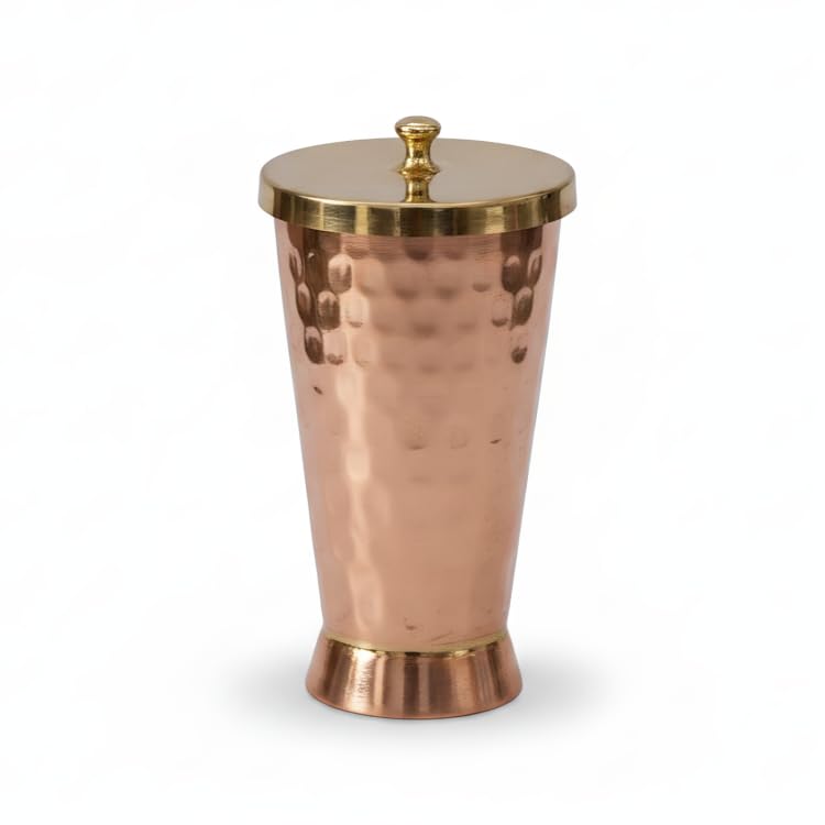 P-TAL Copper Tumbler With Brass Lid - Tamba Glass With Ayurvedic Health Benefits - Ptal Brass and Copper Utensils (600 ml)