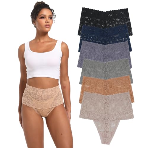 Deigecil High Waisted Lace Thongs For Women Wide Band Soft Ladies Thongs Knickers Underwear Size L Pack of 6