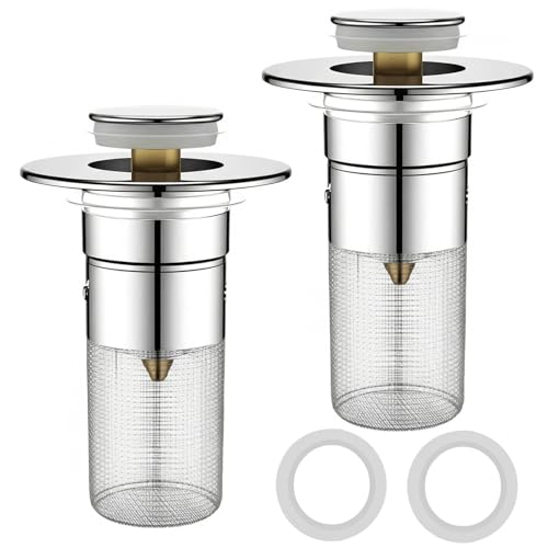2 Pack Bathroom Sink Stopper Drain Strainer, Pop-Up Sink Filter with Removable Stainless Steel Hair...