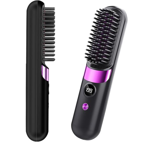 Go Brush Pro Cordless Hair Straightener Brush - Portable Rechargeable Ceramic Styling Brush with 4 Adjustable Heat Modes & LED Display, Perfect for Travel & Everyday Use (Black)