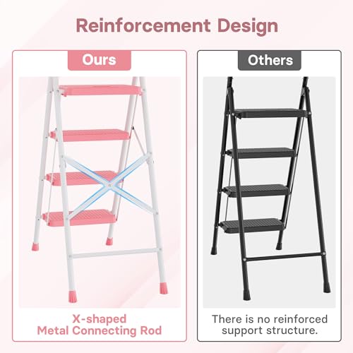 Image of BONTEC 4-Step Ladder, Folding Step Stool with Tool Platform, Wide Anti-Slip Pedals, Max Load Capacity 400lbs Sturdy Steel Ladder, Lightweight Portable Ladder, Tall Step Ladder for House Use, Pink