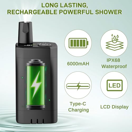 Portable Camping Shower, Pop Up Privacy Tent Kit with LED Light and Foldable Toilet, 6000mAh LCD Screen Shower Pump, 5.3 Gallons Bucket, Outdoor Shower for Hiking, Travel, Car