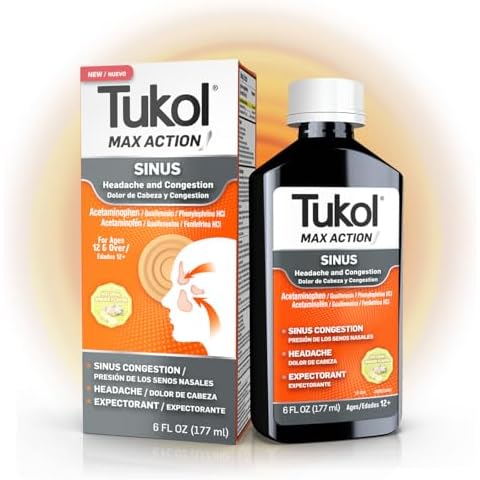 Tukol Max Action Sinus, Medicine for Adults, Sinus Congestion & Pressure Relief and Decongestant for Severe Congestion, Pain, Headache, Sinusitis, Natural Ginger Flavor, 6 fl oz Cover