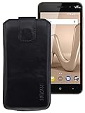 Suncase ECHT-Leder Tasche Etui für Wiko Lenny 4 Plus (mit Rückzugsfunktion, Magnetverschluss) schwarz