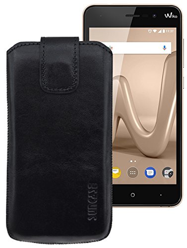 Suncase ECHT-Leder Tasche Etui für Wiko Lenny 4 Plus (mit Rückzugsfunktion, Magnetverschluss) schwarz