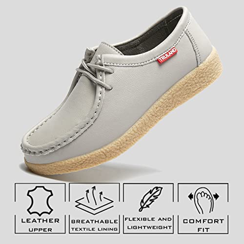 Image of TRULAND Women's Casual Moccasin Shoes - Suede Leather Lace Up Flat Wallabees Oxford Shoes, Light Grey Leather, 5.5 UK