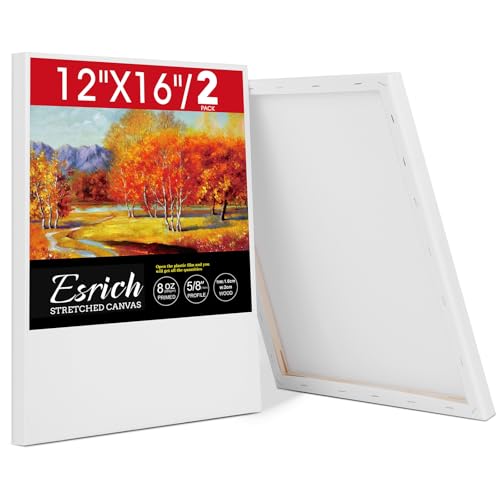 ESRICH Stretched Canvas for Painting 12x16 Inch 2 Pack Blank Canvas -5/8 in Profile Primed Cotton White Canvases for Painting for Oil & Acrylic Paint